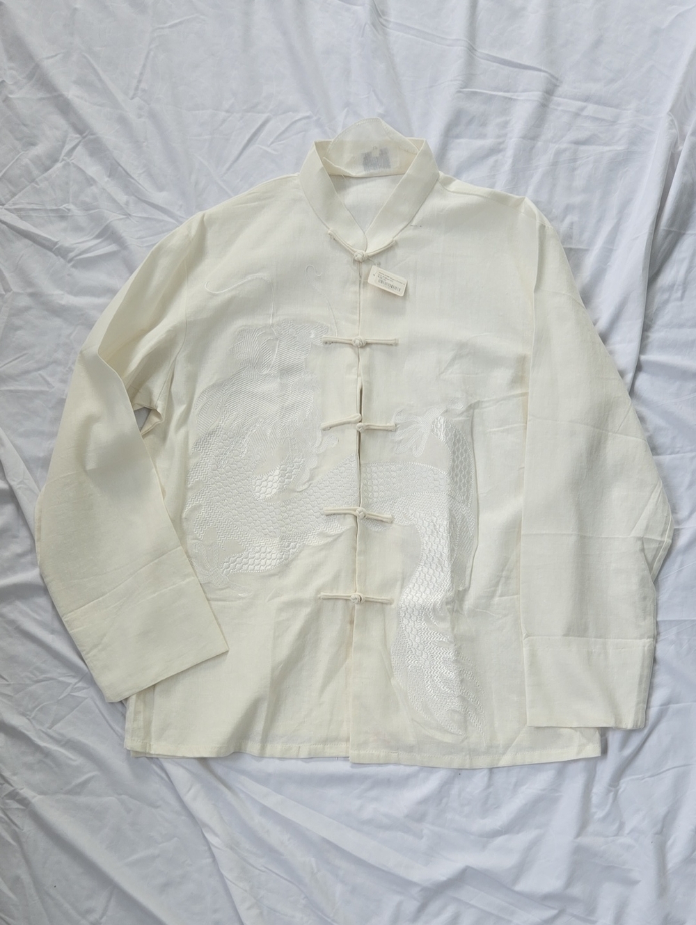 Men'sChinese Dragon, White Tang Jacket RoundCollar & Knotted Buttons LinenCotton